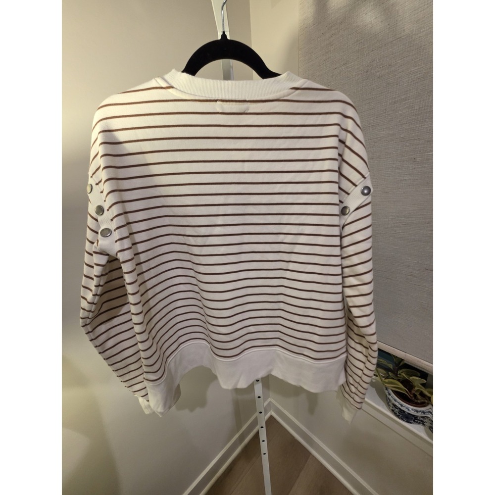 Evereve Womens L Striped Snap Shoulder Sweatshirt Cream Brown Preppy Nautical - Picture 5 of 14